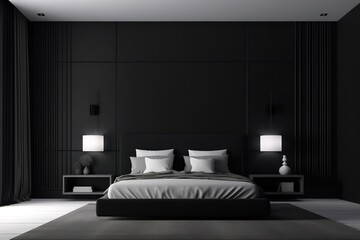 Interior photo of a bedroom in a hotel, in an apartment with a large bed, furniture and windows. In warm dark tones, colors with the light of night lamps, Generative AI