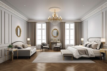 interior of modern bedroom | Luxury bedroom with golden furniture in royal interior | Interior of a hotel bedroom in the morning | Modern bedroom interior with concrete walls, Generative AI