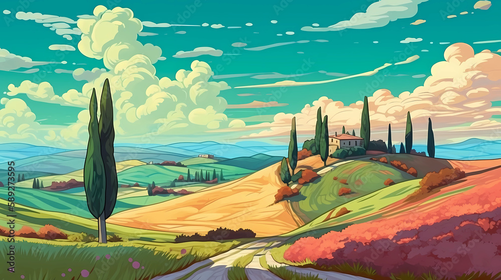 Wall mural illustration with a beautiful view of the hills of tuscany, italy