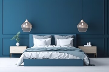 Poster in blue bedroom interior | Modern Bedroom | Blue Mid Century Modern Bedroom Interior with Winter | contemporary blue bedroom | the blue colour in the premium bedroom blue navy, Generative AI