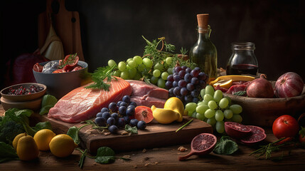 balanced diet, cooking, culinary and food concept - close up of vegetables, fruits and meat on wooden table. Generative Ai