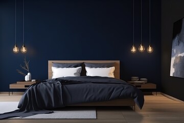 Poster in blue bedroom interior | Modern Bedroom | Blue Mid Century Modern Bedroom Interior with Winter | contemporary blue bedroom | the blue colour in the premium bedroom blue navy, Generative AI