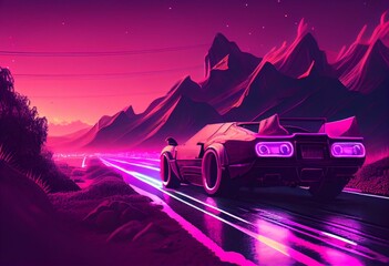 Obraz na płótnie Canvas Cyberpunk landscape in neon purple color, illustration of a retro illustrated car model on the road in a crazy fast drive. Generative AI