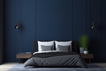 Poster in blue bedroom interior | Modern Bedroom | Blue Mid Century Modern Bedroom Interior with Winter | contemporary blue bedroom | the blue colour in the premium bedroom blue navy, Generative AI
