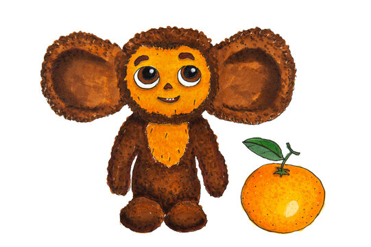 Illustration of a fairy tale cartoon character. A ripe tangerine is drawn next to it.