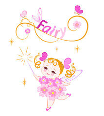 Little flower fairy with a magic wand, decorative elements with fairy inscription.