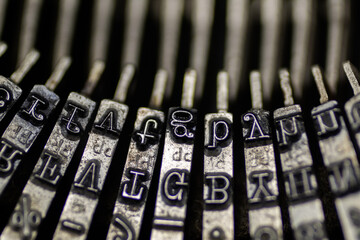 Close up, antique, vintage mettalic typewriter keys