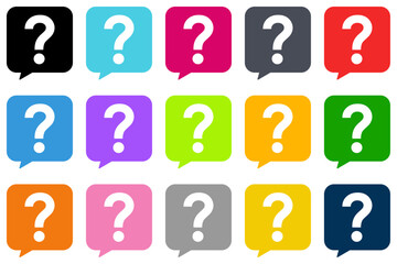 Question mark icon set, speech bubble design flat style square help symbol with various color, FAQ or query sign vector graphic illustration, colorful buttons for web, app, mobile, stamp, sticker.