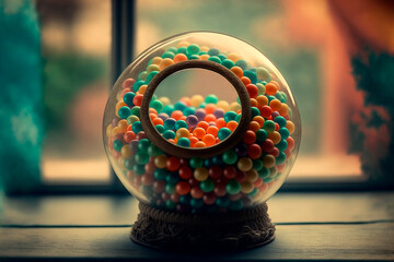 A round glass ball with multi-colored candies stands in a the window, vintage colors. Generative AI