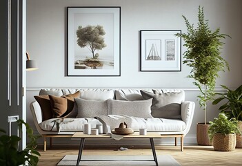 Mock up frame poster in Scandinavian living room with white sofa, wooden coffee table and wicker basket, 3d render. Generative AI