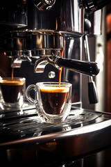 Fototapeta premium Professional coffee maker machine brewing fresh espresso coffee in cafe. Generative Ai