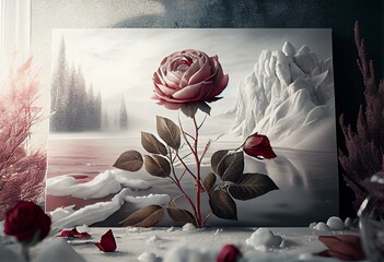 winter snowy landscape and rose, graphic collage. Generative AI
