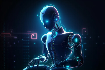 Futuristic android or AI cyborg robot digital intelligence concept. Artificial intelligence machine in the metaverse concept. AI generated