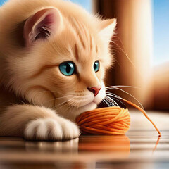 Un petit chat roux s'amusant avec une pelote de laine