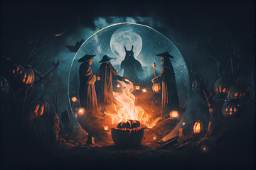 Occult witch sabbath ritual fire gathering in forest at night with moon eclipse. Scary spiritual and surreal background. High quality illustration.
