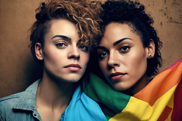Obraz premium Portrait of lesbian couple with rainbow flag. Generative IA