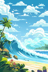 Fototapeta na wymiar beach cartoon illustration big waves and big blue sky puffy clouds travel poster style