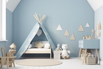 Fototapeta na wymiar Modern minimalist nursery room in Scandinavian style. Baby room interior in light colours | Interior of playroom | Interior of modern children's room, Generative AI