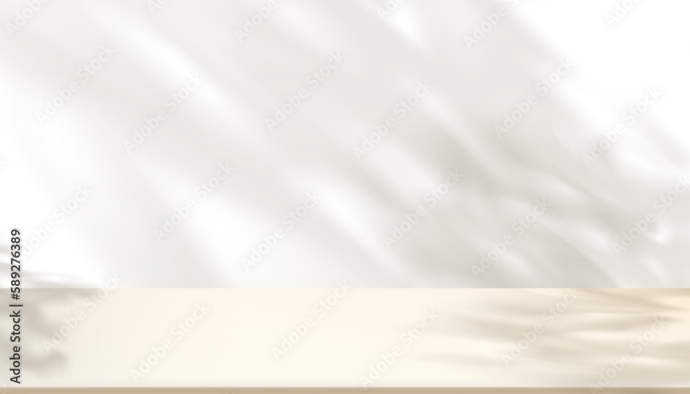 Poster 3d white wall background display with shawdow leaves overlay on beige floor room,transparent soft li