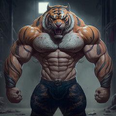 Portrait of a strong male tiger in a gym. Bodybuilding concept, generative ai