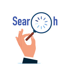 The search engine. Hand holds a magnifying glass for searching. Business deal.  Flat vector illustration.