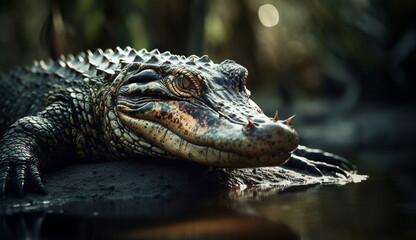 Obraz premium Wild crocodile is lurking in the forest swamp. Based on Generative Ai.