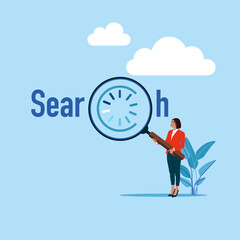 The search engine. Businessman holds a magnifying glass for searching. Business deal.  Flat vector illustration.