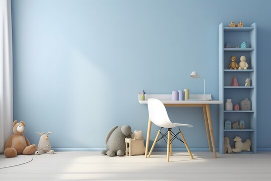 Children room interior with comfortable bed | Interior of playroom | Toys On Bed Against Wall At Home | Interior of modern children's room, Generative AI