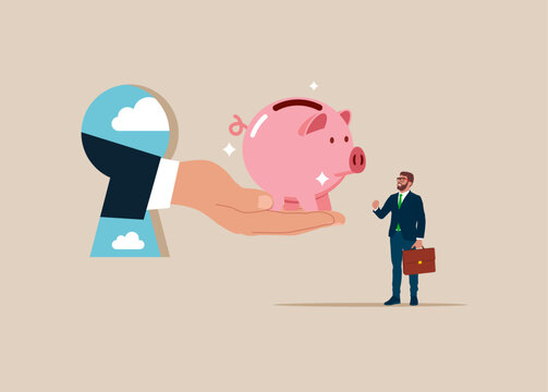 Boss hand give piggy bank to happy businessman. Career advancement, job promotion.  Flat vector illustration.