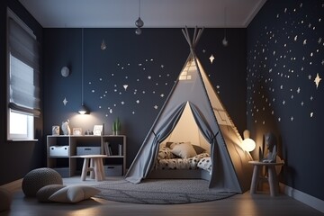 Children room interior with comfortable bed | Interior of playroom | Toys On Bed Against Wall At Home | Interior of modern children's room, Generative AI