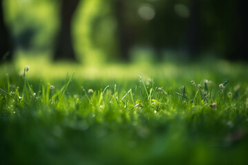 Fresh green garden grass lawn in spring, summer with bright bokeh of blurred foliage of springtime in the background and tree leaves in the foreground.