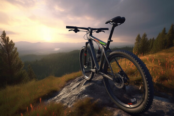 Naklejka na ściany i meble Professional mountainbike on top of mountain hill at sunset. Concept of cross country biking and extreme outdoor sports.