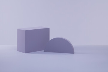 Geometric platform on violet or lilac background. Geometric shapes podium for product display. Stylish background for presentation. Minimal style. Scene to show products. Empty Stage Podium Mock up.
