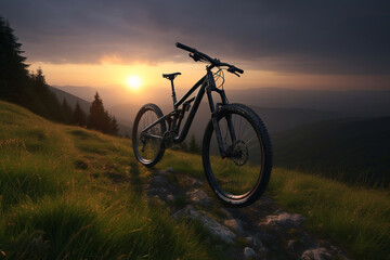 Fototapeta na wymiar Professional mountainbike on top of mountain hill at sunset. Concept of cross country biking and extreme outdoor sports.