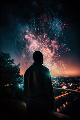 Generative AI Illustration of the silhouette of a man with his back turned looking at the fireworks exploding in multiple colors over the sky at night