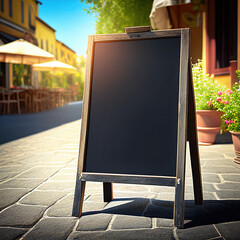 Vertical blackboard for cafe menu standing on the street in summer sunny day, Generative AI