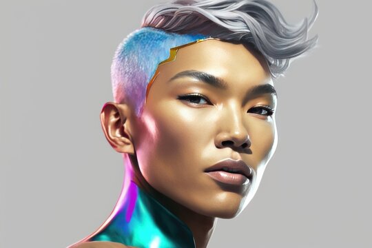 Illustration of an asian androgynous male Face with Colorful Hair on gay pride for pride month. created with generative ai