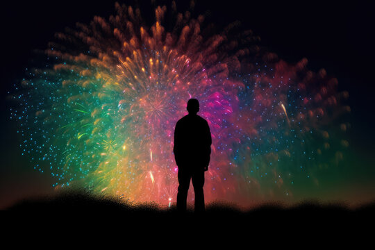 Generative AI Illustration of a man with his back turned looking at fireworks exploding in multiple colors over the sky at night