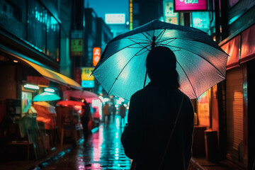 Silhouette of mysterious woman with umbrella on streets of Tokyo, Japan.