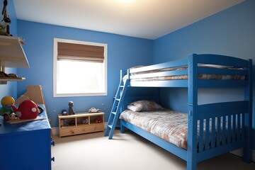 Desk,chair and single bed with blue bedding in cosy bedroom interior for children | Multifunctional bedroom and workspace interior with desk | Interior of modern children's room, Generative AI