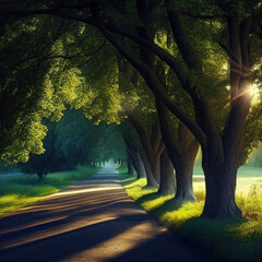 Road in a park with trees alley, sun shining thourght the leaves, summer morning, Generative AI