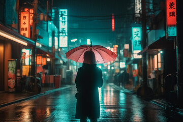 Silhouette of mysterious woman with umbrella on streets of Tokyo, Japan.