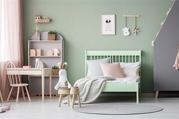 Desk,chair and single bed with blue bedding in cosy bedroom interior for children | Multifunctional bedroom and workspace interior with desk | Interior of modern children's room, Generative AI