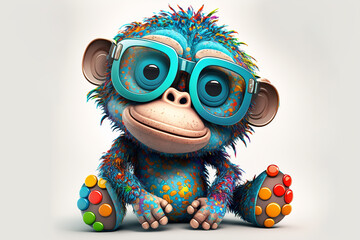 Cartoon colorful monkey with sunglasses on white background, Created with generative AI