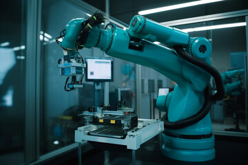 Industrial machine robot arm, smart modern factory automation using advanced machines, industrial 4.0 manufacturing process.