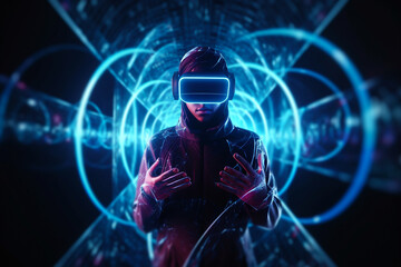 Into the Metaverse, person wearing vr glasses in futuristic colorful environment. Concept of advanced future technology powered by artificial intelligence.