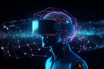 Into the Metaverse, person wearing vr glasses in futuristic colorful environment. Concept of advanced future technology powered by artificial intelligence.