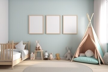 Fototapeta na wymiar Desk,chair and single bed with blue bedding in cosy bedroom interior for children | Multifunctional bedroom and workspace interior with desk | Interior of modern children's room, Generative AI