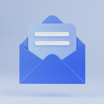 3d blue open mail envelope icon with paper isolated on solid background. Render new email notification. Realistic minimal illustration. Document in blue 3d envelope. Email marketing concept. 3d render