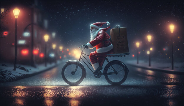 Santa Claus is riding an electric bicycle at high speed to deliver Christmas gifts, a busy street at night in the background, Postproducted generative AI illustration
